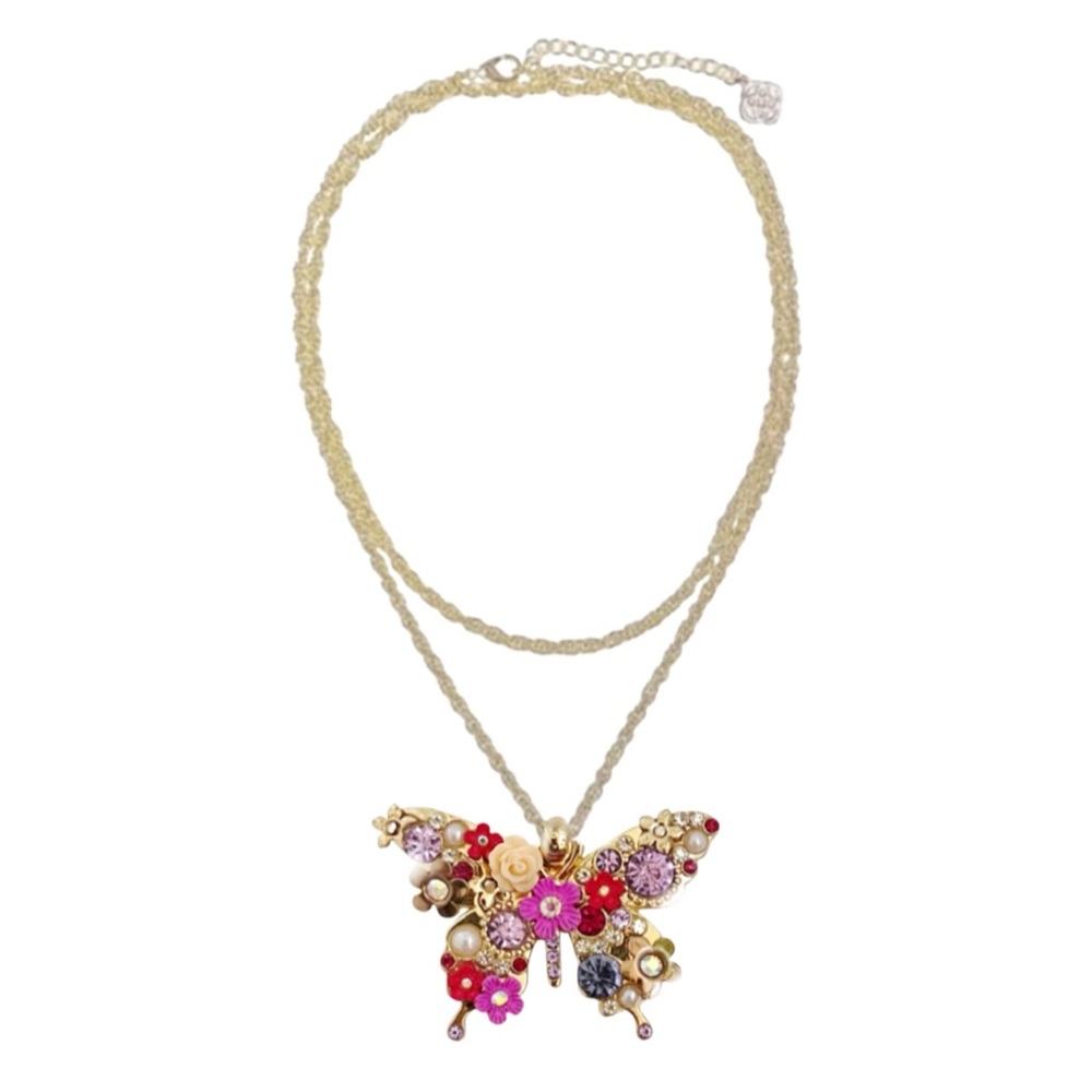 VINTAGE Rhinestone Flower Pearl Social Butterfly Statement Necklace - Picture 2 of 5